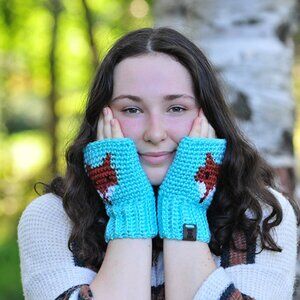 Handmade Aqua Fox Fingerless Gloves, Crochet Wrist Warmers Made in Canada